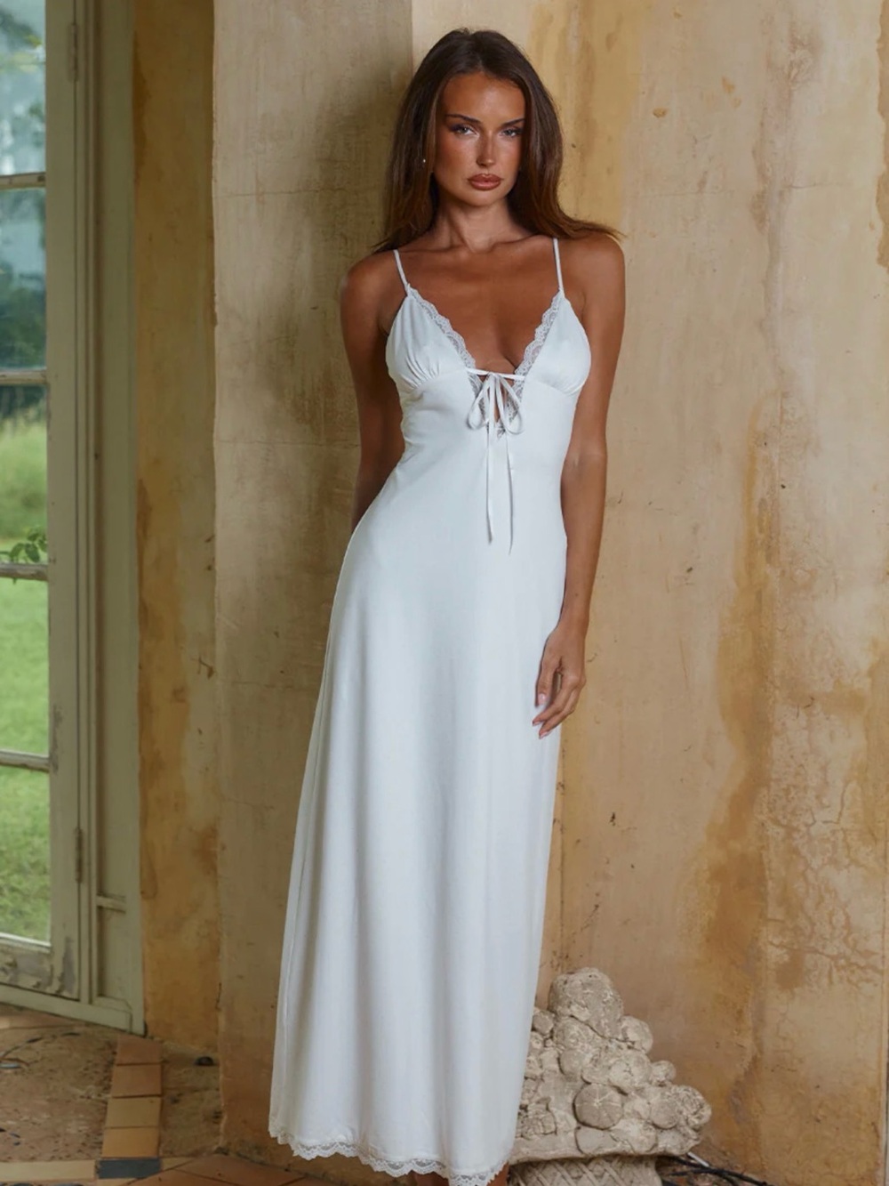 RUNAWAY THE LABEL - EMILY LACE TRIM CAMISOLE MIDI DRESS - WHITE/MUSK POLKA